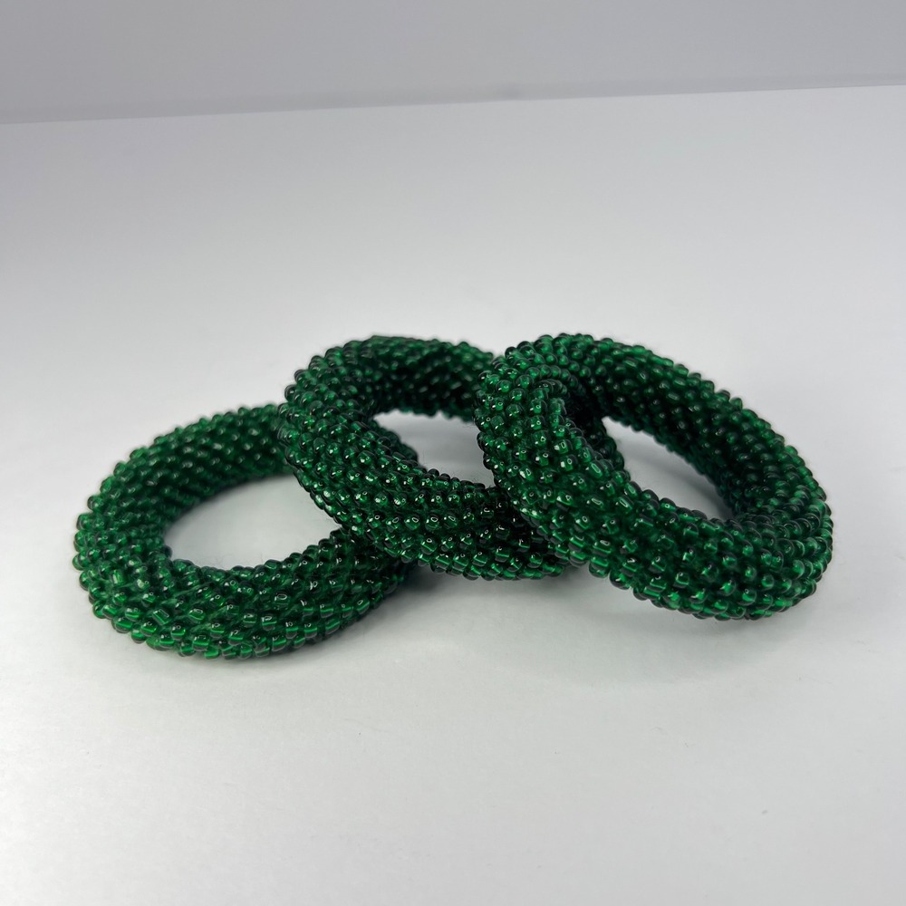 Vintage Green Beaded Napkin Rings Set of 3 Boho Retro Emerald Forest Earth Tones